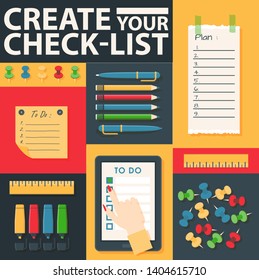 To do list or planning icon concept vector illustration. Create your check-list. Cartoon tablet with check marks,gaps for text, pens, pencils and markers. Hand clicking on task with stationery banner.