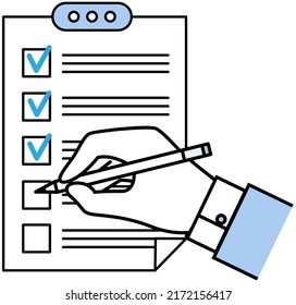 To do list or planning icon concept. Hand holding pencil and fill check mark on paper sheet with clipboard. All tasks are completed. Document with check marks, abstract text and marker. Daily plan