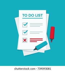 To do list or planning icon concept. One task failed. Paper sheets with check marks, abstract text and marker. Vector flat illustration isolated on colored background