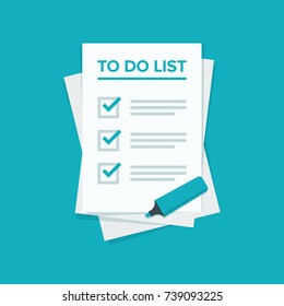 To do list or planning icon concept. All tasks are completed. Paper sheets with check marks, abstract text and marker. Vector flat illustration isolated on color background