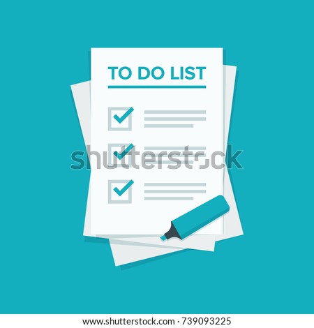 To do list or planning icon concept. All tasks are completed. Paper sheets with check marks, abstract text and marker. Vector flat illustration isolated on colored background