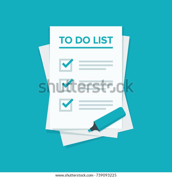 To do list or\
planning icon concept. All tasks are completed. Paper sheets with\
check marks, abstract text and marker. Vector flat illustration\
isolated on color\
background