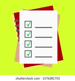 to do list reminder on white paper with green check mark sign in square boxes checklist on red notebook on green background  