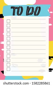 To do list with retro background and trendy lettering. Memphis style. Template for agenda, planners, check lists, and other stationery. Isolated. Vector stock illustration.