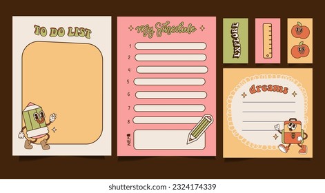 To do list, schedule etc templates set. Groovy daily planner, vintage note paper decorated with retro 70s groovy cartoon characters. Vintage scheduler or organizer. Vector flat linear illustration.