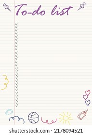 To do list for schoolboy Doodle style. On a notebook sheet in a line with margins. With cute hand-drawn doodles in different colors.