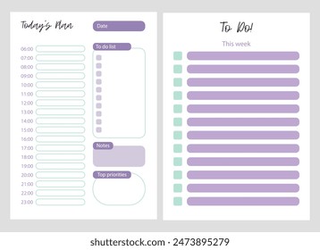 To do list. Set of planner pages templates. Organizer page, diary and daily control book. Life planners, monthly, weekly and days organizers or office schedule list. Graphic organization paper vector.
