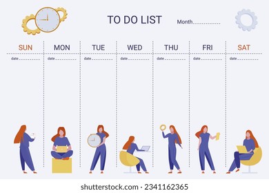 To do list for seven days of week vector illustration. Young woman working on laptop, holding clock or planning chores. Calendar planner with tables. Time management, productivity concept