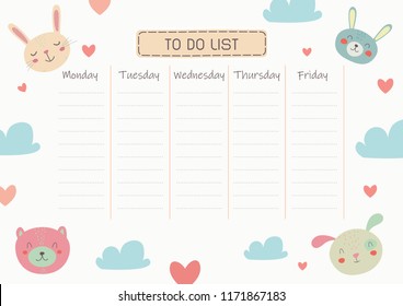 To do list sheet for kids. Cute animals design. Great for preschool or kindergarten. Ready to print.