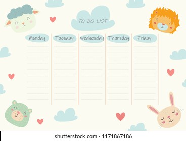 To do list sheet for kids. Cute and funny animals. Flat design. Great for preschool or kindergarten. Print ready template.