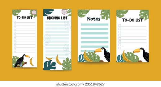 To do list, shopping list, notes decorated with toucan bird and tropical illustrations for print