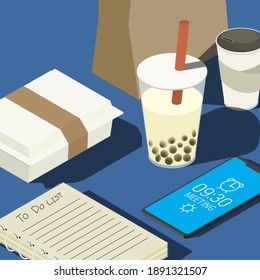To do list and smartphone with alarm clock application on the table with food and dessert from food delivery.