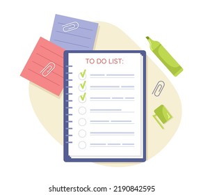 To do list and stationery 2D vector isolated illustration. Office flat objects on cartoon background. Business colourful editable scene for mobile, website, presentation. Comfortaa Regular font used