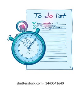 To do list and stopwatch in sketch style. Cartoon design. Checking plan. Can be used as an examination paper or questionnaire, questionnaire and list of completed tasks. Isolated on white background.