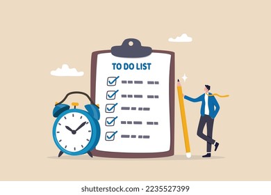 To do list, task management or completion tracking or reminder to finish assignment, work planning or schedule concept, productive businessman with pencil and to do list clipboard with alarm clock.