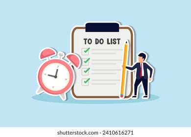 To do list, task management or completion tracking or reminder to finish assignment, work planning or schedule concept, productive businessman with pencil and to do list clipboard with alarm clock.