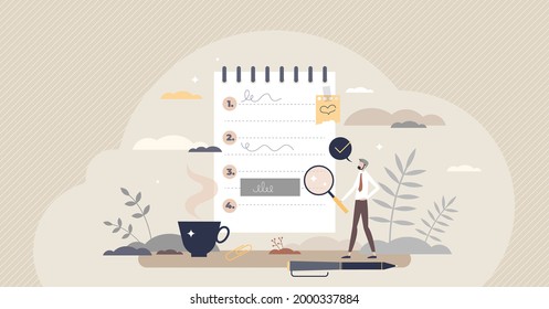 To do list with task priorities and work to reminder tiny person concept. Notepad with checklist as job schedule and planner vector illustration. Effective time management with productivity tool.