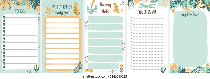 To do list template collection. Daily planner set, weekly planner, note paper decorated tropical jungle leaves, leopards. Trendy scheduler or organizer. Vector illustration. Printable daily planner.