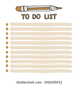 To do list template. Daily checklist. Organizer and schedule with place for notes. Vector illustration with a pencil in doodle style. 