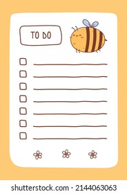 To do list template decorated by kawaii bee and flowers. Cute design of schedule, daily planner or checklist. Vector hand-drawn illustration. Perfect for planning, notes and self-organization.