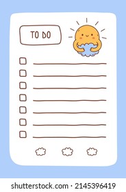 To do list template decorated by kawaii sun hugging a cloud. Cute design of schedule, daily planner or checklist. Vector hand-drawn illustration. Perfect for planning, notes and self-organization.