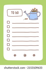 To do list template decorated by spring flowers in a watering can. Cute design of schedule, daily planner or checklist. Vector hand-drawn illustration.Perfect for planning, notes and self-organization