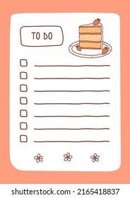 To do list template decorated by strawberry cake. Cute design of schedule, daily planner or checklist. Vector hand-drawn illustration. Perfect for planning, notes and self-organization.