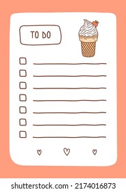 To do list template decorated by strawberry ice cream. Cute design of schedule, daily planner or checklist. Vector hand-drawn illustration. Perfect for planning, notes and self-organization.
