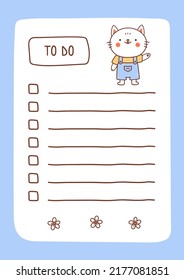 To do list template decorated by kawaii cat. Cute design of schedule, daily planner or checklist. Vector hand-drawn illustration. Perfect for planning, notes and self-organization.