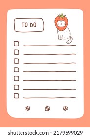 To do list template decorated by kawaii strawberry cat. Cute design of schedule, daily planner or checklist. Vector hand-drawn illustration. Perfect for planning, notes and self-organization.