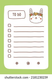To do list template decorated by kawaii bunny with flowers. Cute design of schedule, daily planner or checklist. Vector hand-drawn illustration. Perfect for planning, notes and self-organization.