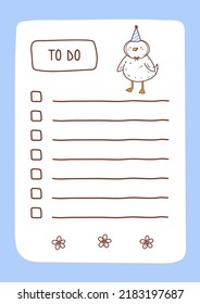 To do list template decorated by kawaii goose. Cute design of schedule, daily planner or checklist. Vector hand-drawn illustration. Perfect for planning, notes and self-organization.