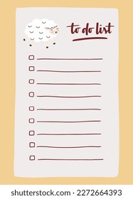 To do list template decorated by cute sheep. Cute design of schedule, daily planner or checklist. Vector hand-drawn illustration. Perfect for planning, notes and self-organization.