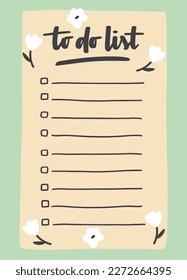 To do list template decorated by cute flower. Cute design of schedule, daily planner or checklist. Vector hand-drawn illustration. Perfect for planning, notes and self-organization.