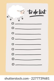To do list template decorated by cute sheep. Cute design of schedule, daily planner or checklist. Vector hand-drawn illustration. Perfect for planning, notes and self-organization.