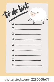 To do list template decorated by cute sheep. Cute design of schedule, daily planner or checklist. Vector hand-drawn illustration. Perfect for planning, notes and self-organization.