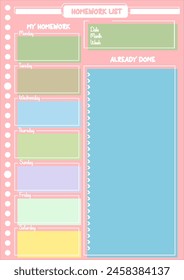 To Do List Template Design in Pink Color for Weekly School ActivityTasks and Homework. 26 Holes Loose-Leaf Replacement Paper. Ready to Print