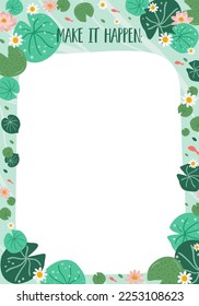To do list template with green water lily leaves, flowers, koi fish. Floral check list design template, daily planner blank, note paper, schedule page. Water lily floral frame. Vector illustration.