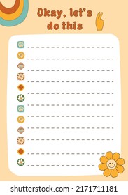 To do list template. Groovy daily planner, vinrage weekly planner, note paper decorated retro 70s groovy elements Vintage scheduler or organizer. Vector illustration. Printable daily planner.