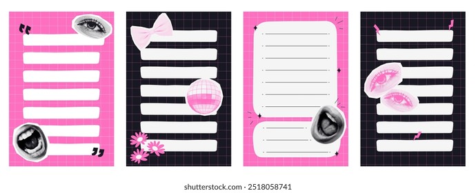 To do list template with halftone collages. Notes for school education in trendy style. Daily planner set. Scrapbook notes and cards.Printable planner stickers. Vector stock illustration.