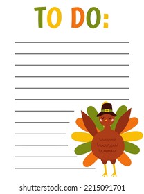 To do list template. Pilgrim Turkey Thanksgiving. Organizer and Schedule with place for Notes. Good for Kids.
