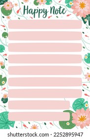 To do list template with pink asian lotus flowers, leaves, koi fish decorative elements. Daily planner, note paper, scheduler or organizer with water lily floating on the pond. Vector illustration.