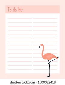 To do list,  template for printing, page for diary, organiser, notebook. Vector illustration with flamingo.