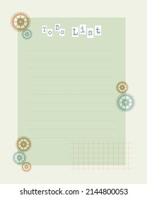 To Do List template in steampunk style with gears, cogwheels, for notes, reminders, plans, ideas, schedule. Vector illustration