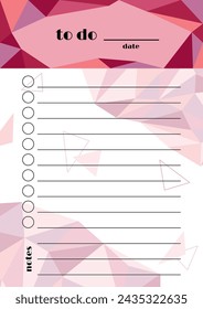 To do list template. Vector daily planner page. Polygonal geometric design background with colorful triangle elements. A5 size design for notebooks, notepads, journals and personal diary