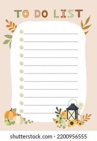 To do list template. Vector illustration with autumn elements for planner. Cute and trendy.