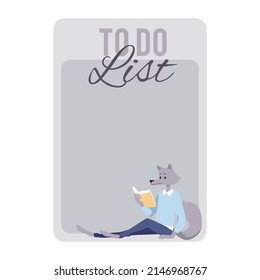 To do list template with wolf animal student illustration, flat vector. Notepad paper for kids and children at school or college. Cute memo and cartoon stationery print.