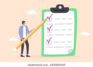 To do list, time management. Checklist concept vector. Manager writes do list, makes checkmark. Notes or message on notebook paper.