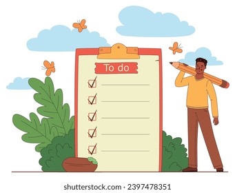 to do list, time management. Man is standing near large to do list with pencil. Plan fulfilled