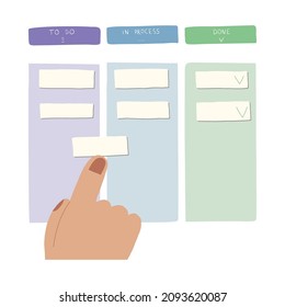 To do list, time management or planning concept. Todo list in progress. Mobile application with check marks, abstract text and hand. Vector flat illustration 